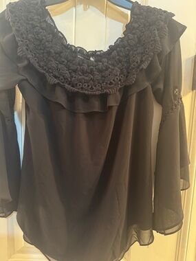 White House Black Market Black Crochet Yoke Ruffle Blouse